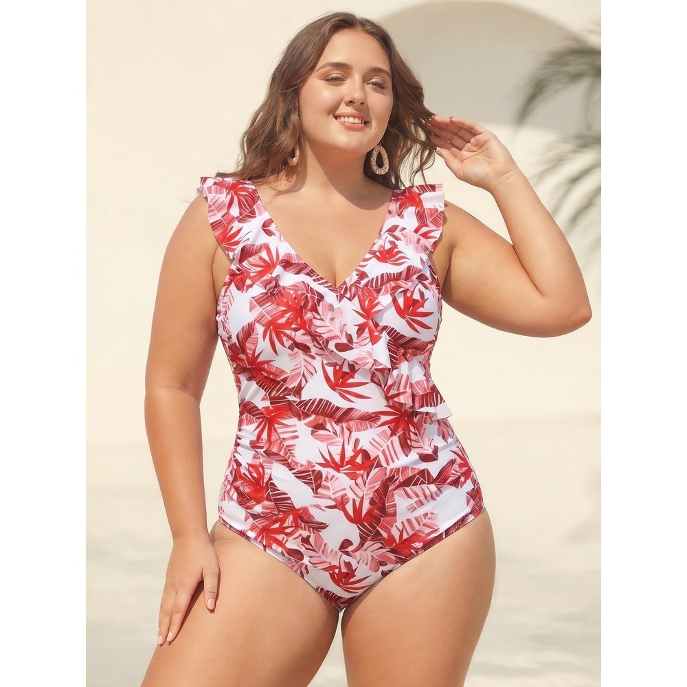 NWT Blooming Jelly 1-Piece Swimsuit Sz XL (12) Red Ruffles Tummy Control Padded